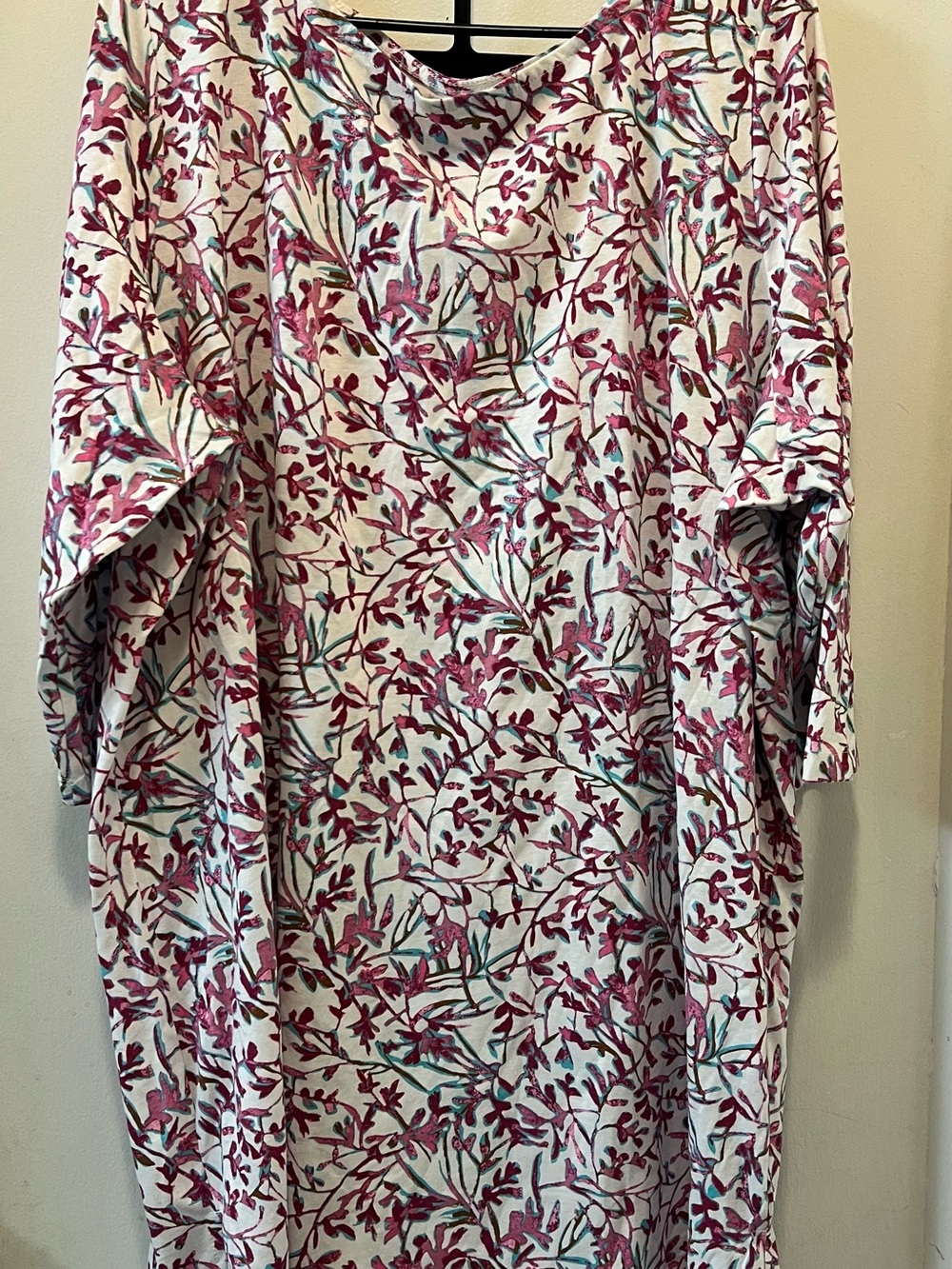 Roaman's White Long-Sleeve Shirt with Pink and Teal Floral Print